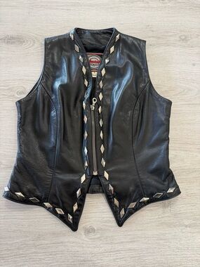 Women's Black Studded Leather Vest with Silver Accents